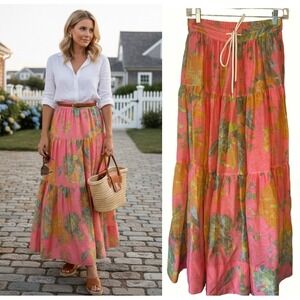 Lee Mathews Ruby Silk‎ Linen Blend Pink Floral Tiered Maxi Skirt Size 0